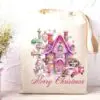 Christmas Tote Bag With Pink Santa Graphics