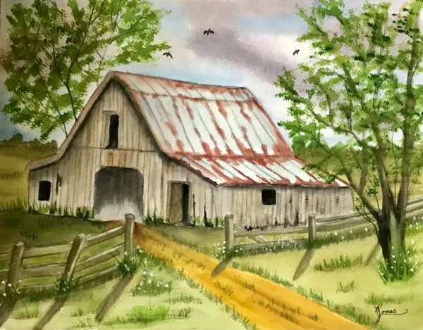 An Old Barn Watercolor Painting