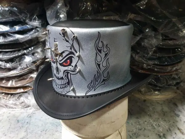 Gothic Red Eye Skull Mens Black Leather Top Hat