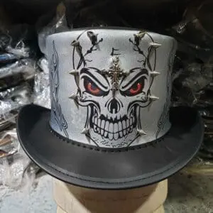 Gothic Red Eye Skull Mens Black Leather Top Hat