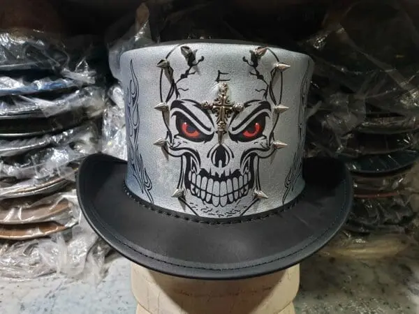 Gothic Red Eye Skull Mens Black Leather Top Hat