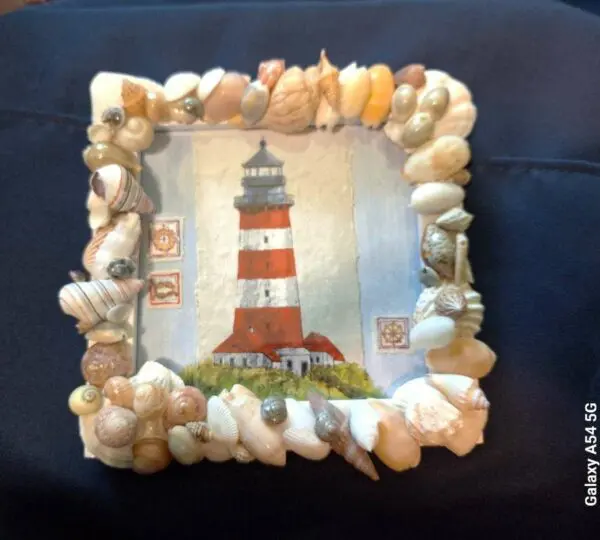 Sea Shell Encrusted Frame With Lighthouse