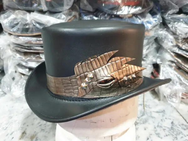 Crocodile Eye Band Black Leather Top Hat