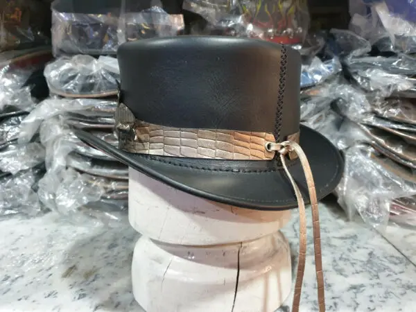 Crocodile Eye Band Black Leather Top Hat