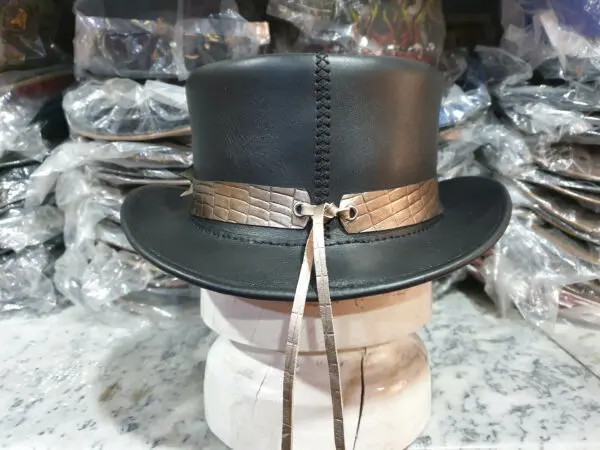 Crocodile Eye Band Black Leather Top Hat