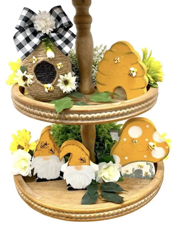 Whimsical Gnome Mushroom House For Honey Bee Tiered Tray - Handmade Decor