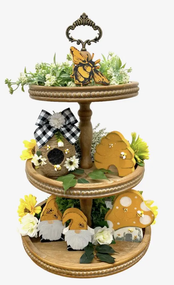 Whimsical Gnome Mushroom House For Honey Bee Tiered Tray - Handmade Decor