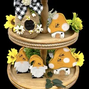 Whimsical Gnome Mushroom House For Honey Bee Tiered Tray - Handmade Decor