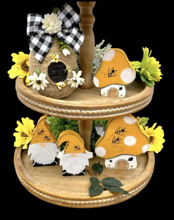 Whimsical Gnome Mushroom House For Honey Bee Tiered Tray - Handmade Decor