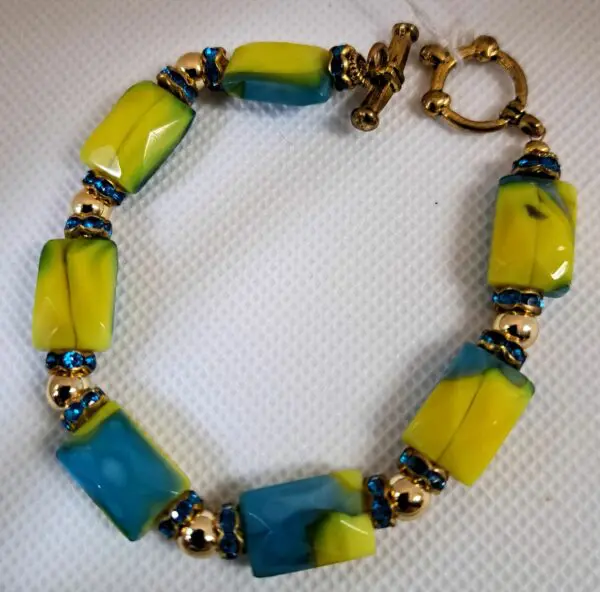 Yellow And Blue Crystal Glass Bracelet 7-1/2&Amp;Quot;