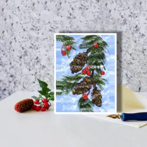 Snowflake Pinecones 5 Nature Art Greeting Card in situ