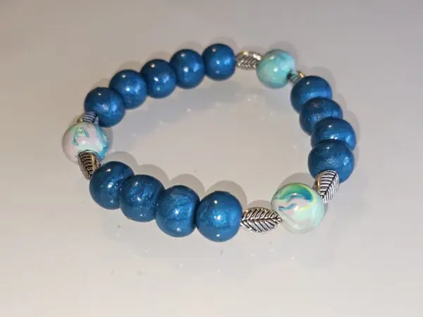 Cute Teal Polymer Beaded Bracelet With Leaves