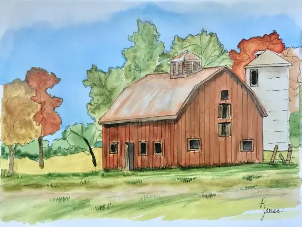 Vibrant Ink And Wash Autumn Barn