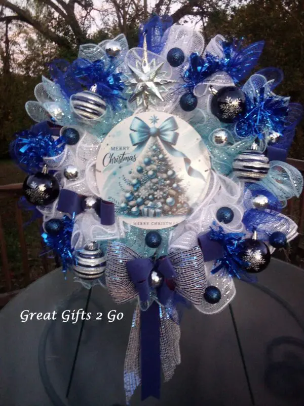 Stunning Blue And Silver Merry Christmas Wreath