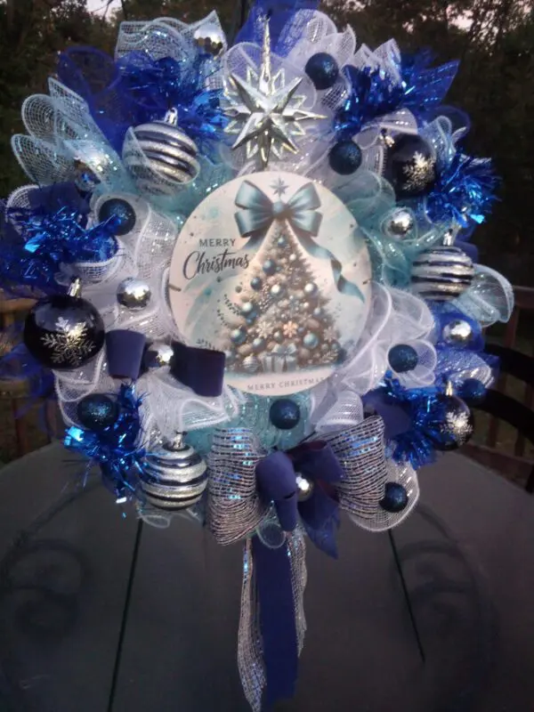 Stunning Blue And Silver Merry Christmas Wreath