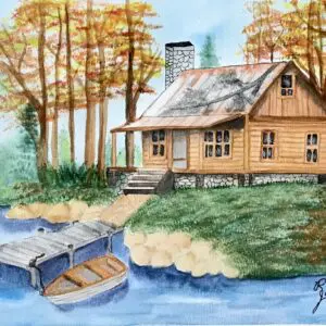 Cozy Log Cabin Watercolor Painting