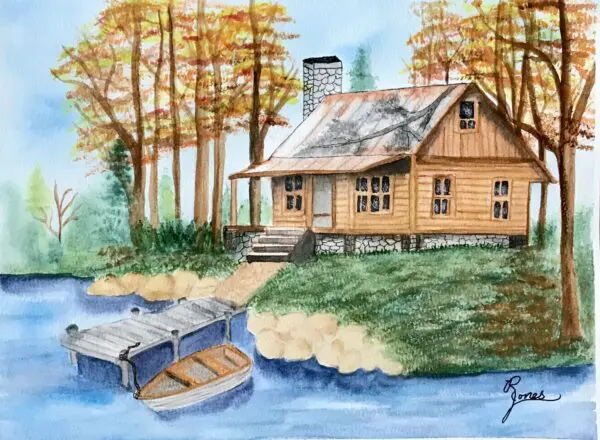 Cozy Log Cabin Watercolor Painting