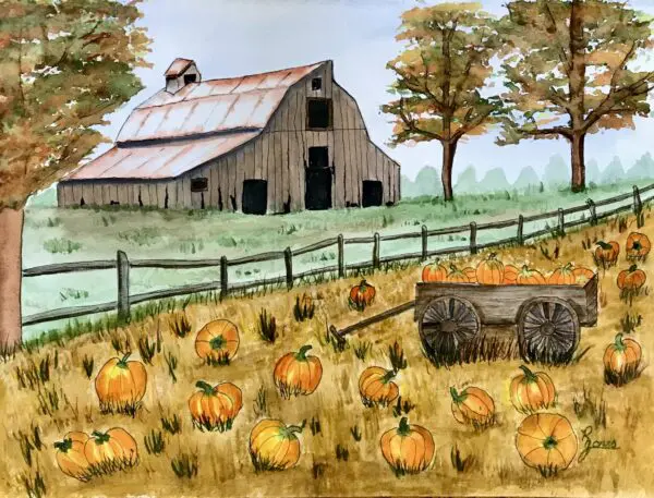 The Pumpkin Patch Farm At Harvest Time Watercolor Painting