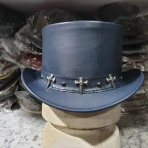 Tri Skull Cross Band Navy Leather Top Hat