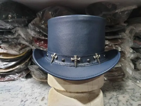 Tri Skull Cross Band Navy Leather Top Hat