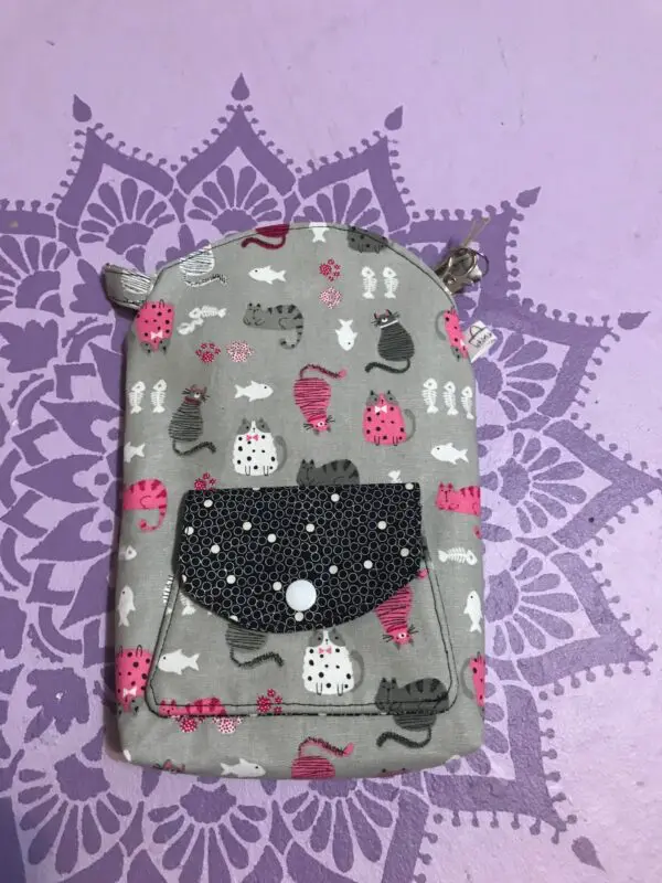 Crossbody Phone Bag With Attached Mini Wallet Set - Grey Cats