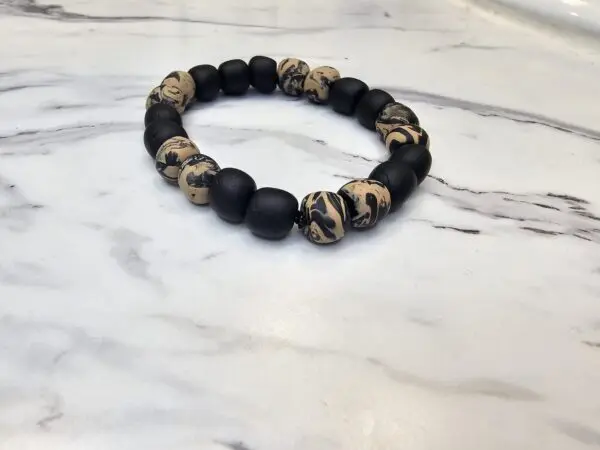 Marbled Black-Tan Polymer Clay Beaded Bracelet