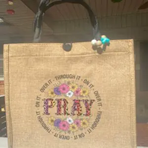 Pray Burlap Tote Bag with Bag Charm