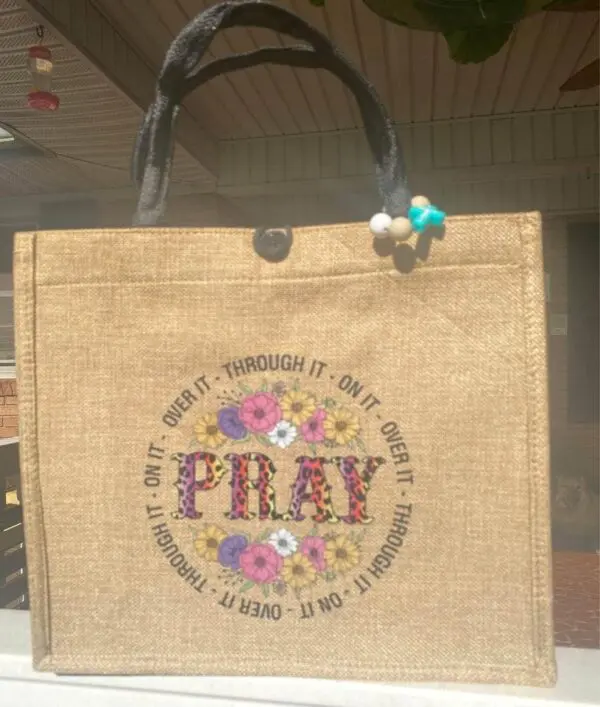 Pray Burlap Tote Bag With Bag Charm