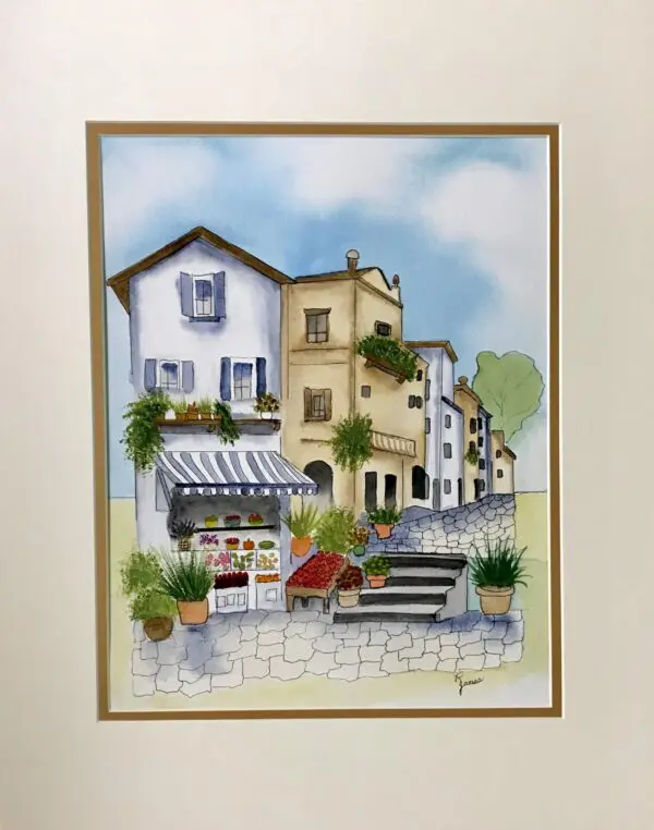 Charming Quaint Village Ink And Watercolor Painting