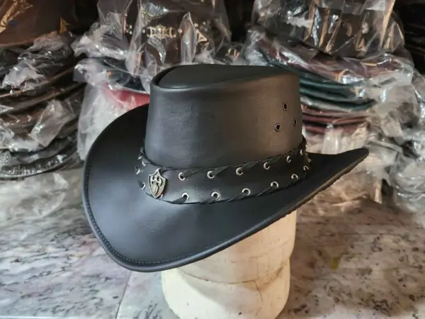 Sheild Rivet Band Black Leather Cowboy Hat