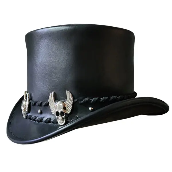 Silver Winged Skull Eldorado Black Leather Top Hat