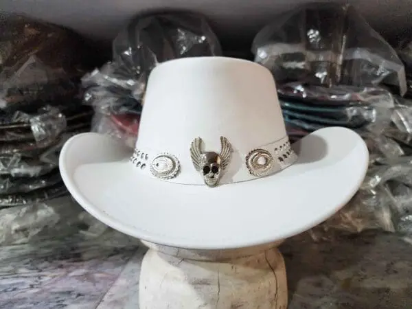 Silver Winged Skull White Leather Cowboy Hat