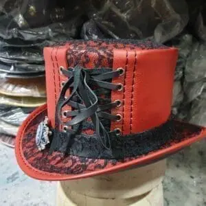 Steampunk Black Crusty Band Red Leather Top Hat