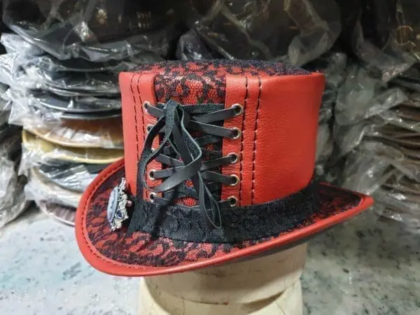 Steampunk Black Crusty Band Red Leather Top Hat