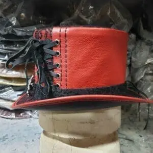 Steampunk Black Crusty Band Red Leather Top Hat