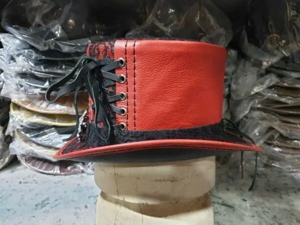 Steampunk Black Crusty Band Red Leather Top Hat