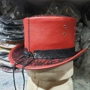 Steampunk Black Crusty Band Red Leather Top Hat