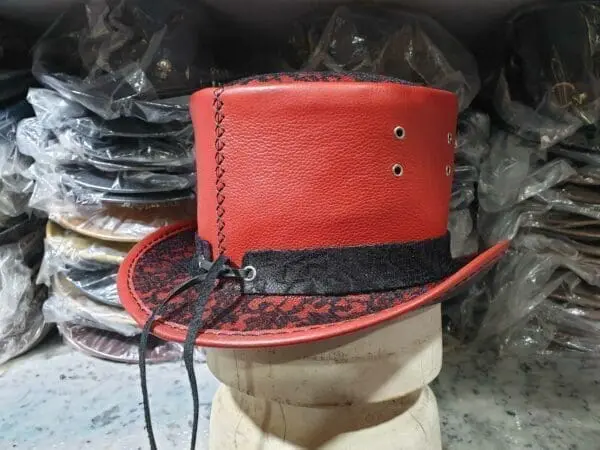 Steampunk Black Crusty Band Red Leather Top Hat