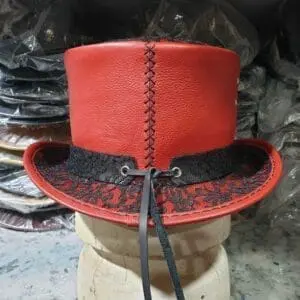 Steampunk Black Crusty Band Red Leather Top Hat