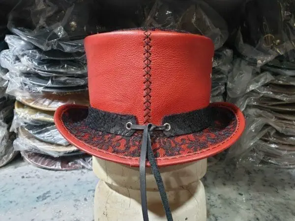 Steampunk Black Crusty Band Red Leather Top Hat