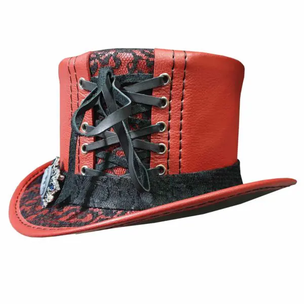 Steampunk Black Crusty Band Red Leather Top Hat