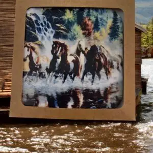 Horses Running in Water Surrounded by Trees