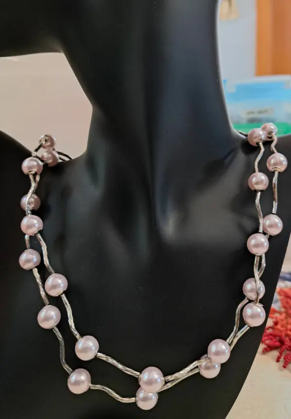 2-Stranded Pink Pearl And Silver Necklace