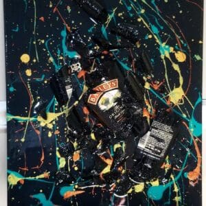 Broken Baileys Bottle on Black Splatter Painted Canvas