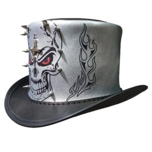 Gothic Red Eye Skull Mens Black Leather Top Hat