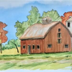 Vibrant Ink And Wash Autumn Barn