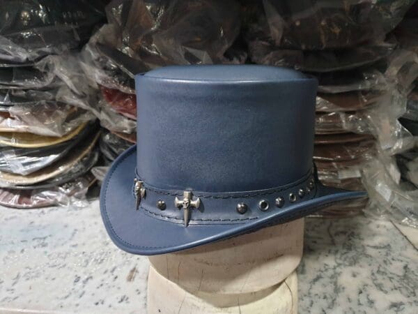 Tri Skull Cross Band Navy Leather Top Hat