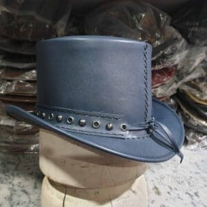 Tri Skull Cross Band Navy Leather Top Hat