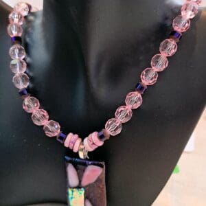 Pink Crystal Necklace with Fused Glass Pendant