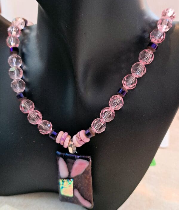 Pink Crystal Necklace with Fused Glass Pendant